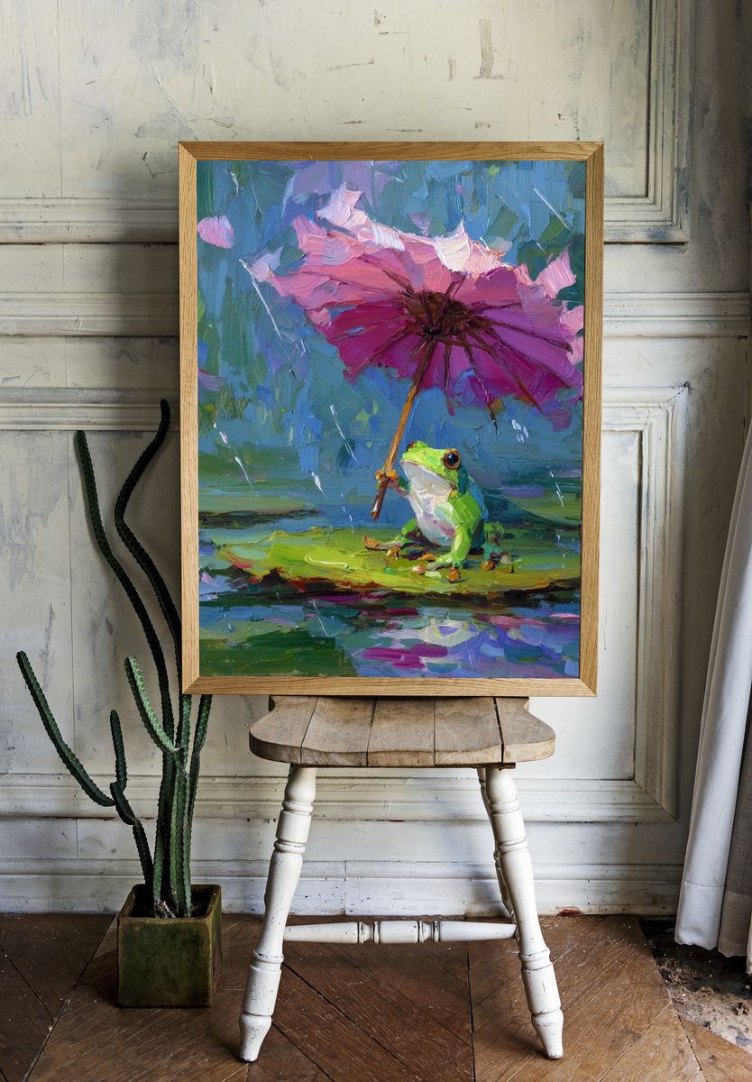 Frog with Pink Umbrella — Whimsical Art Print. — room view 1