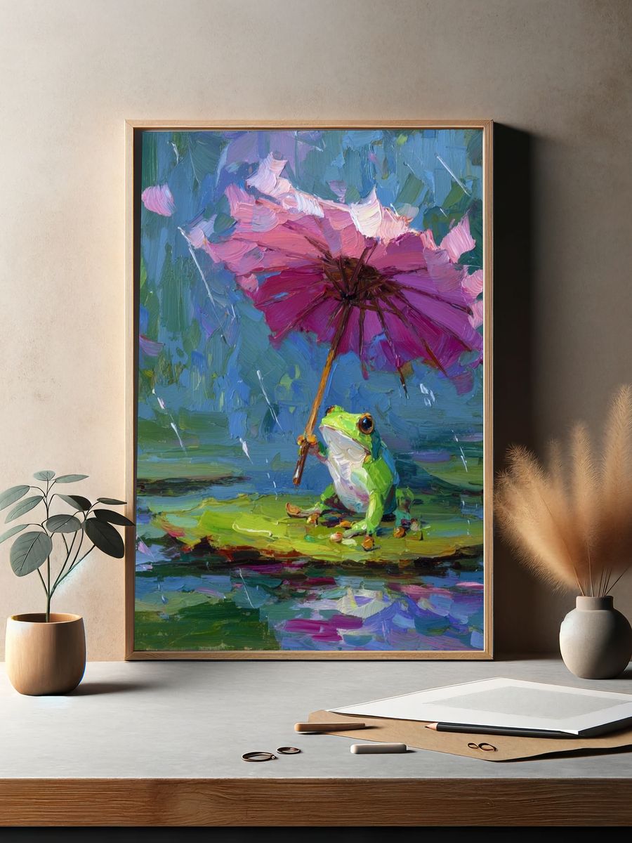 Frog with Pink Umbrella — Whimsical Art Print. — room view 2