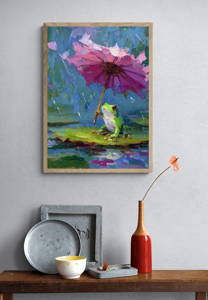 Frog with Pink Umbrella — Whimsical Art Print. — room view 3