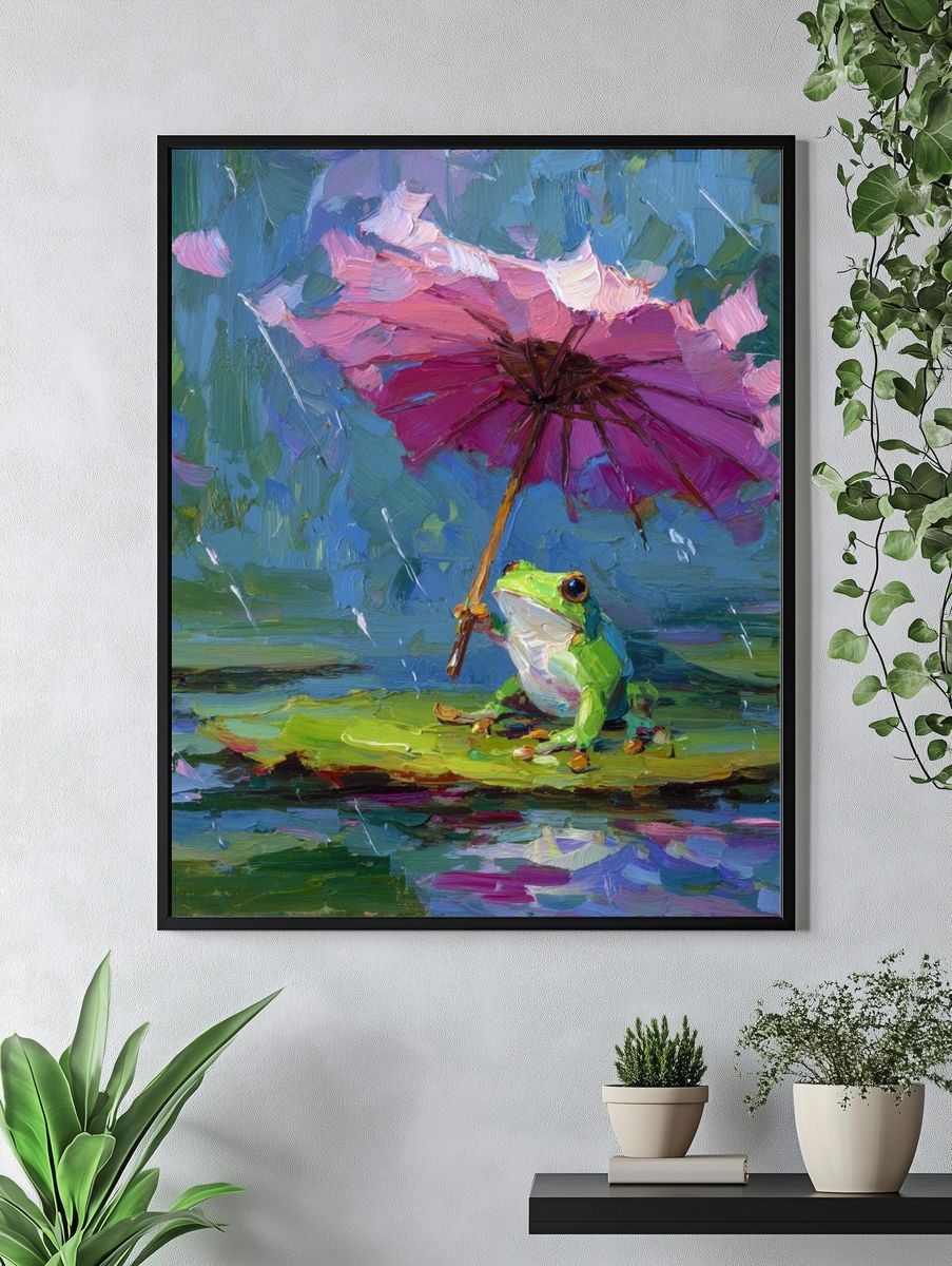 Frog with Pink Umbrella — Whimsical Art Print. — room view 4