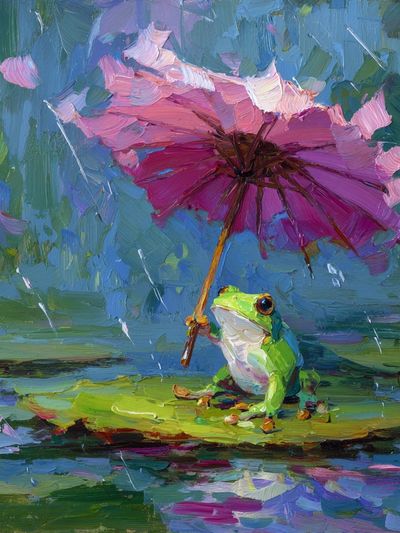 Frog with Pink Umbrella — Whimsical Art Print. poster