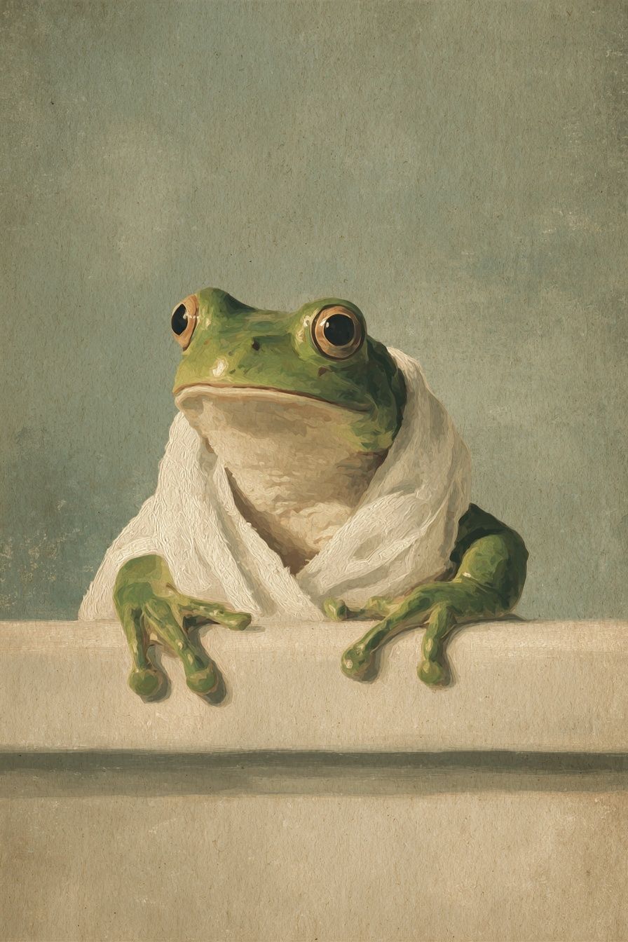Towel-Wrapped Frog Illustration Poster. poster detail