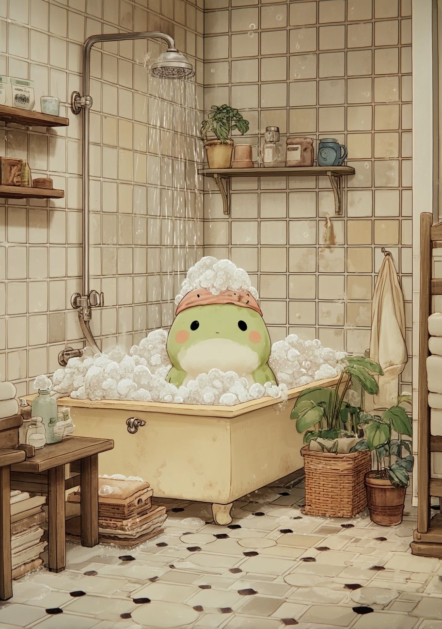 Cute Frog in Bathtub — Illustration Print. poster detail