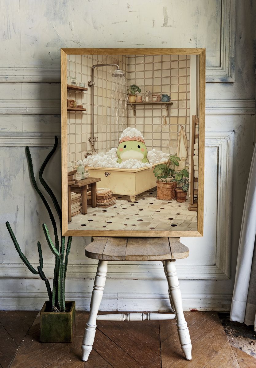 Cute Frog in Bathtub — Illustration Print. — room view 1