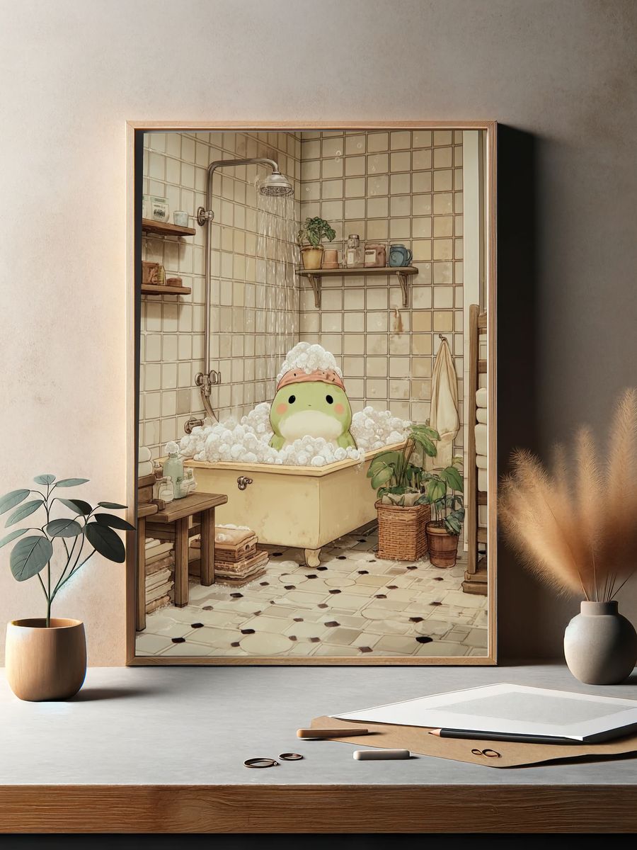 Cute Frog in Bathtub — Illustration Print. — room view 2