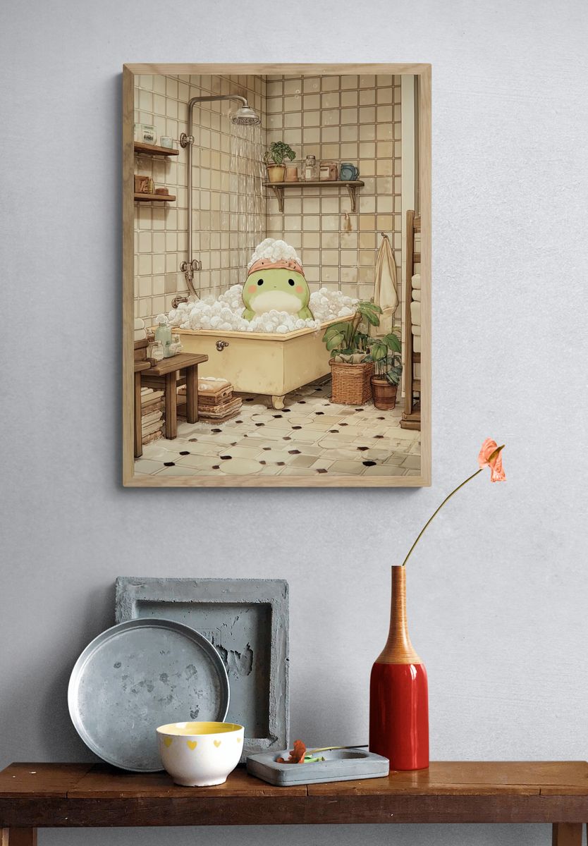 Cute Frog in Bathtub — Illustration Print. — room view 3