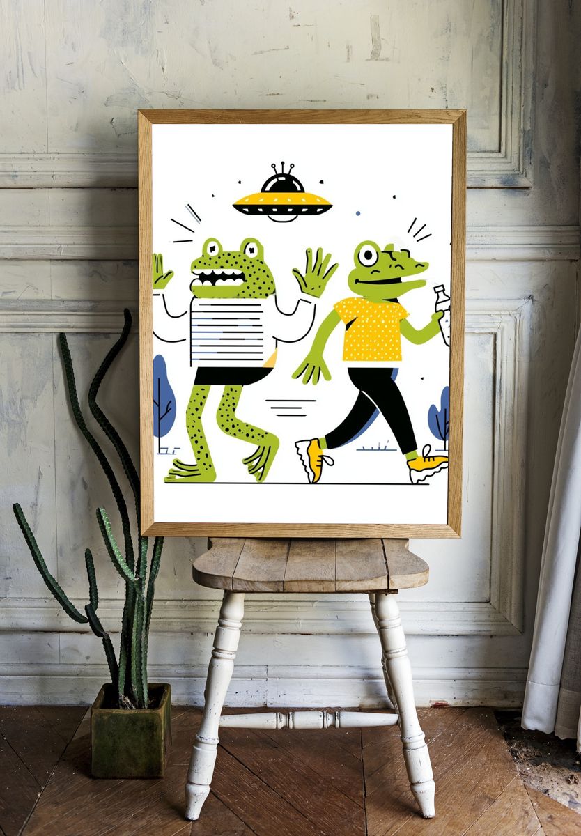 Playful Frog Duo Illustration Poster. room preview
