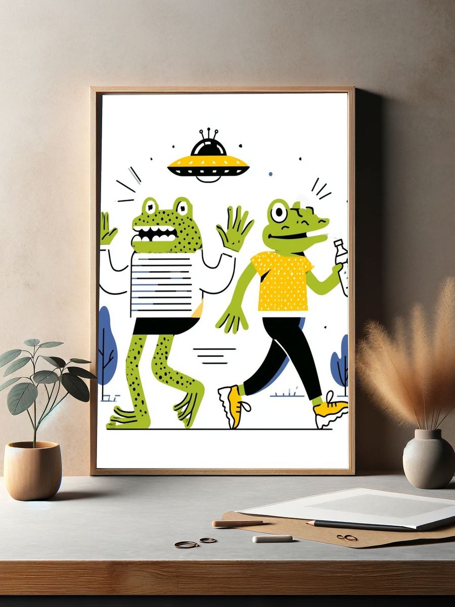 Playful Frog Duo Illustration Poster. — room view 2