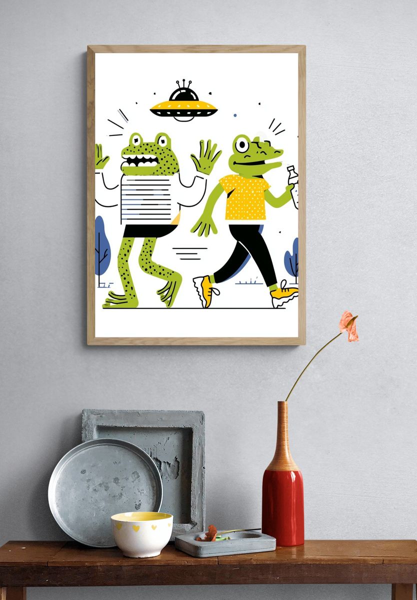 Playful Frog Duo Illustration Poster. — room view 3