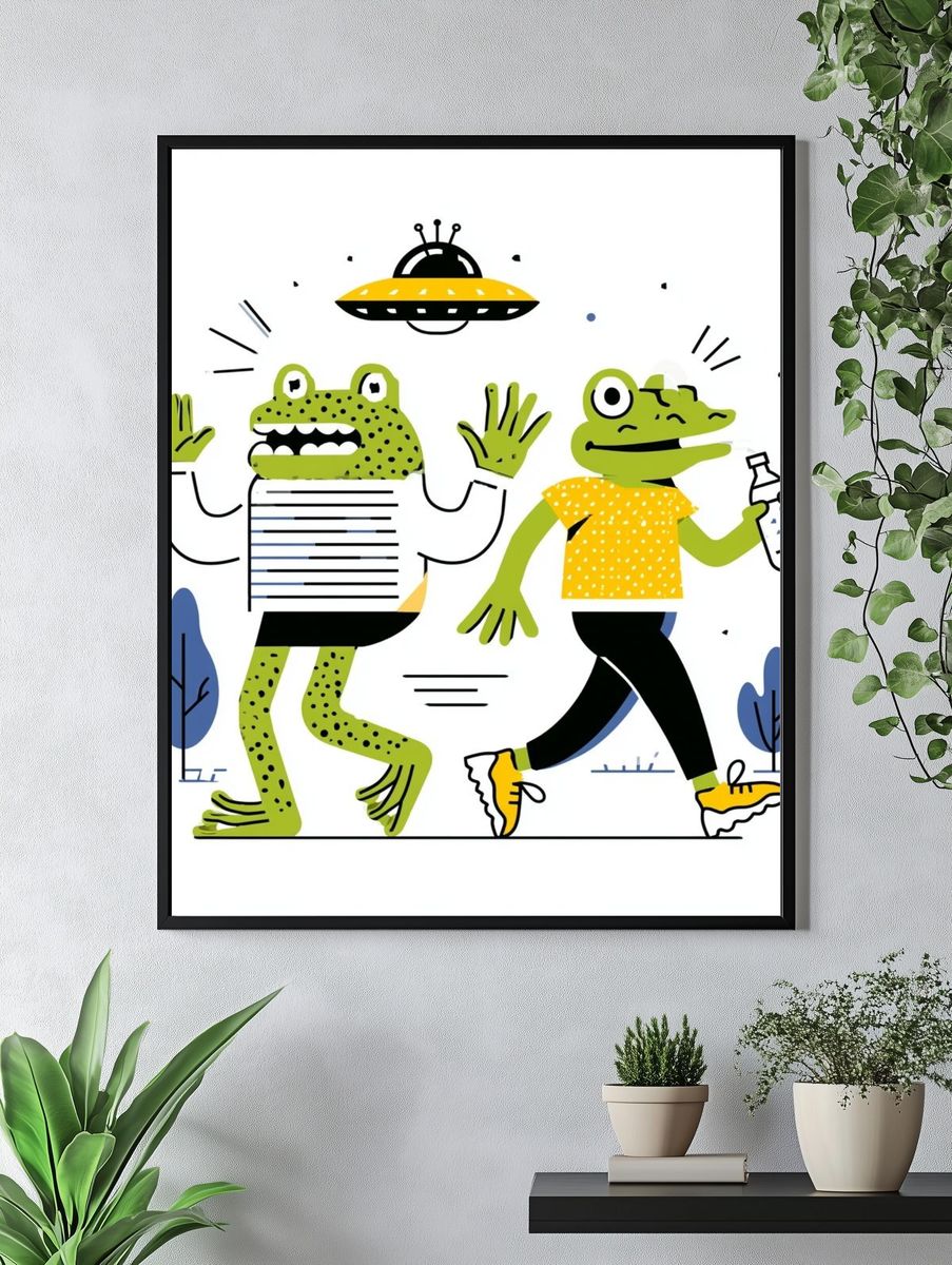 Playful Frog Duo Illustration Poster. — room view 4