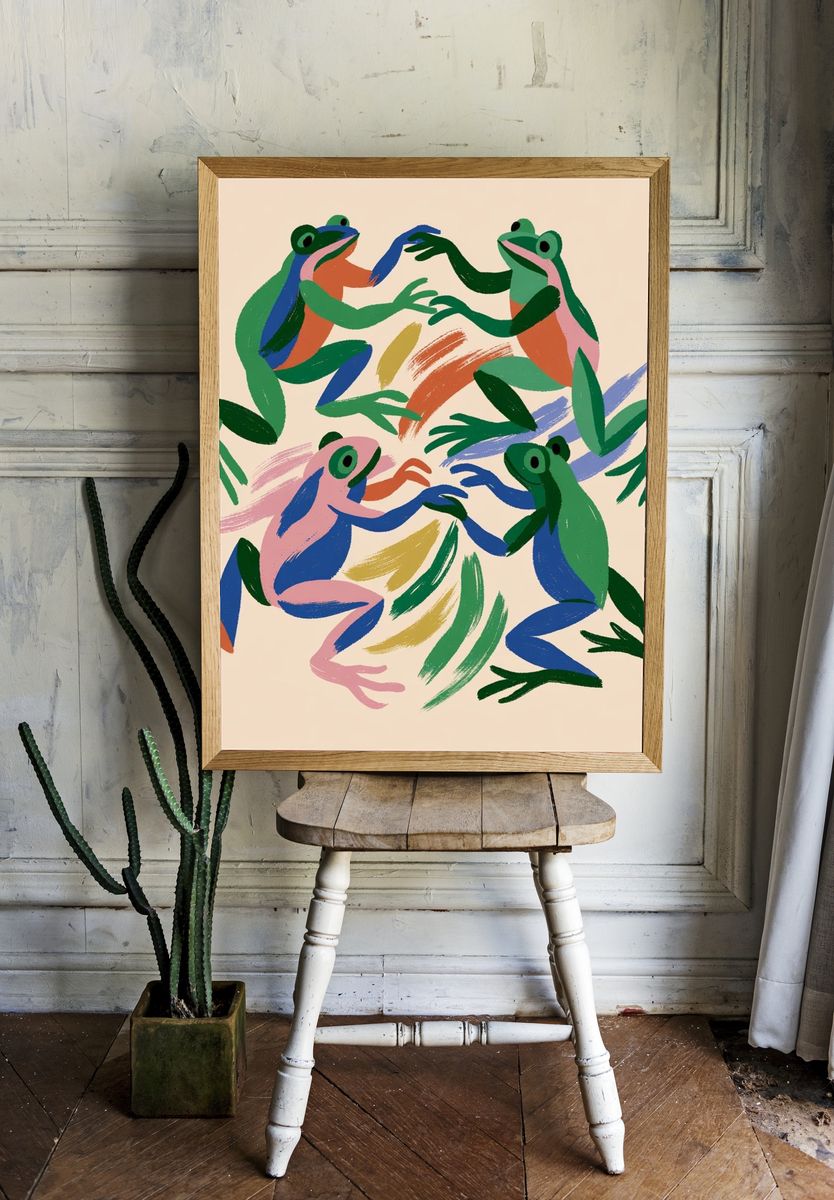 Colorful Frogs Illustration Poster. — room view 1
