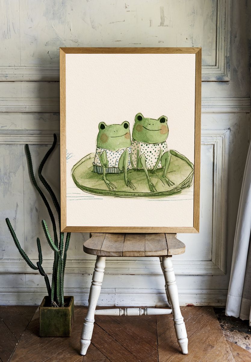 Two Frogs on Lily Pad Print. — room view 1