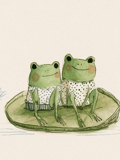 Two Frogs on Lily Pad Print. poster