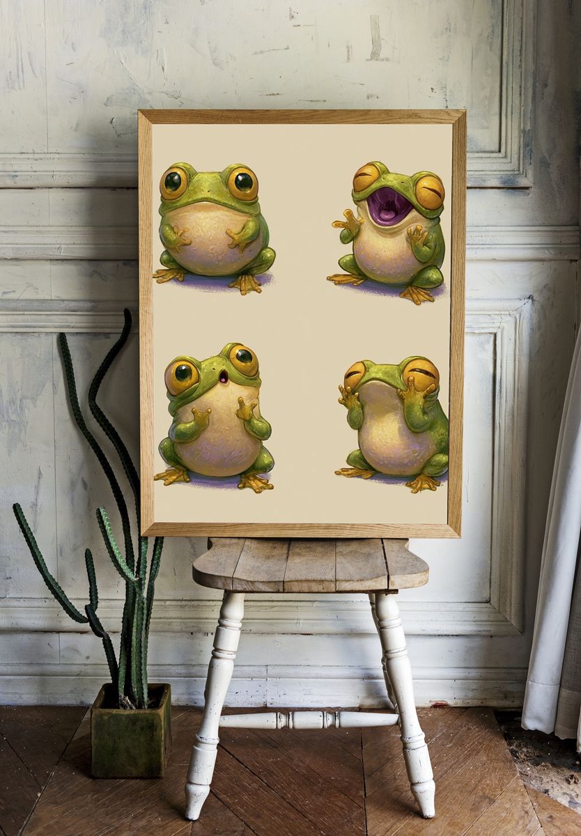 Playful Frog Expressions Illustration Poster. — room view 1