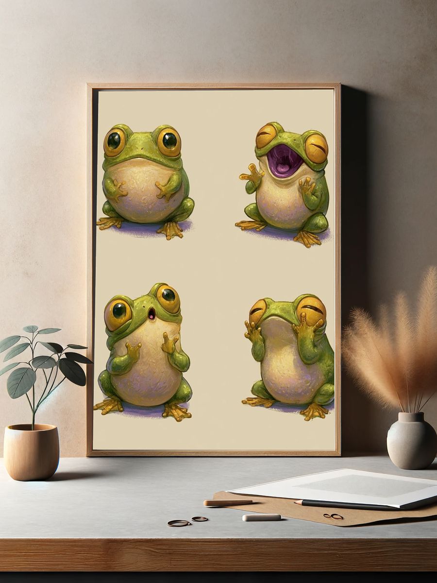 Playful Frog Expressions Illustration Poster. — room view 2