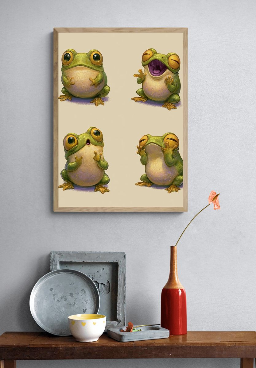 Playful Frog Expressions Illustration Poster. — room view 3