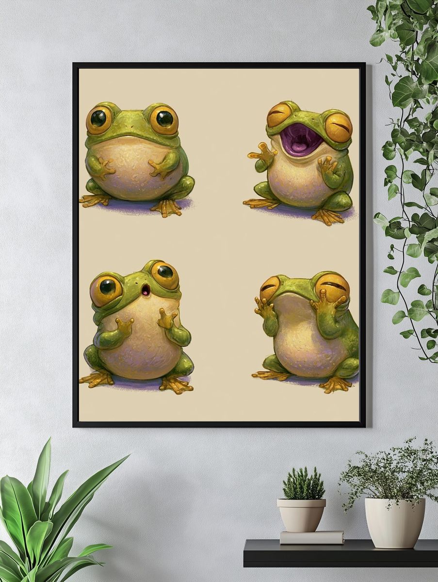Playful Frog Expressions Illustration Poster. — room view 4