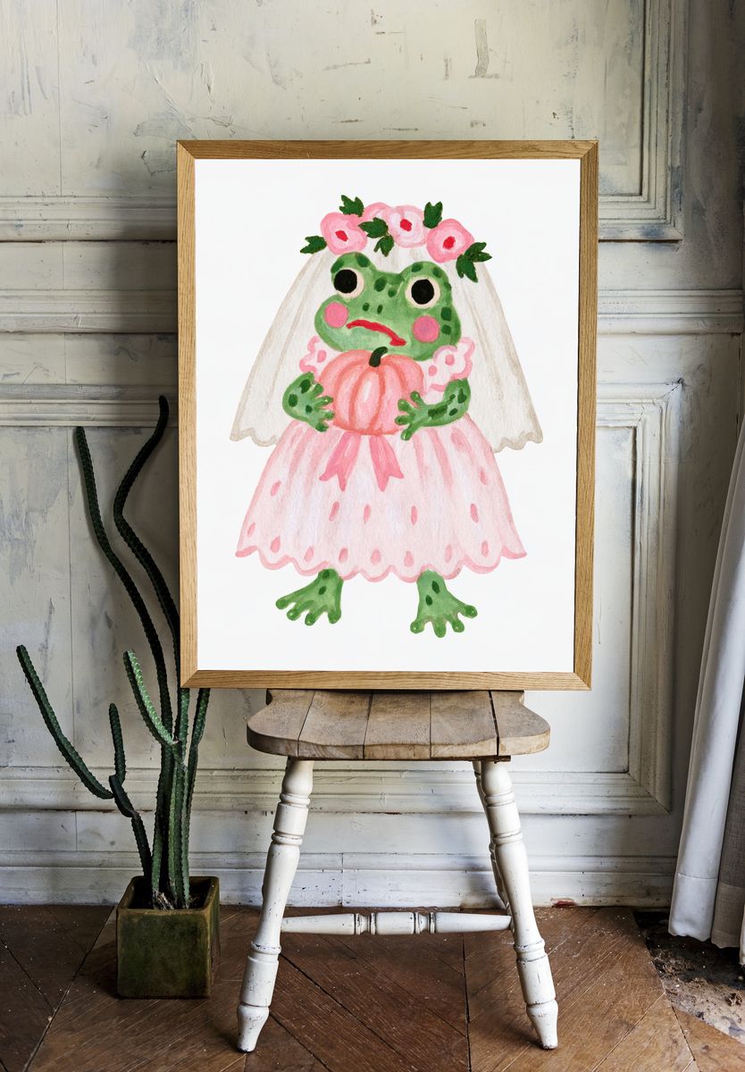 Frog Bride Watercolor Print. room preview
