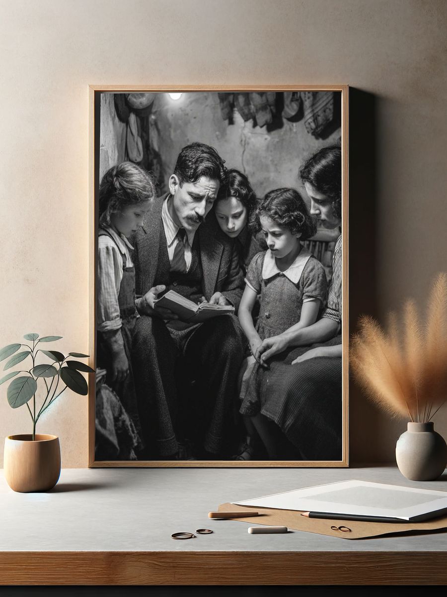 Family Reading Together — Vintage Print. — room view 2