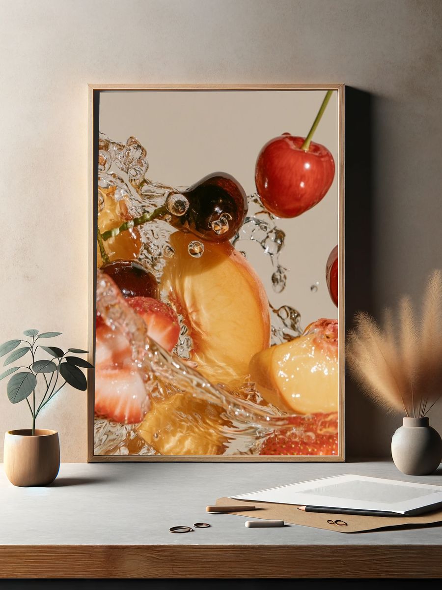 Floating Fruit Splash Photography Poster. — room view 2