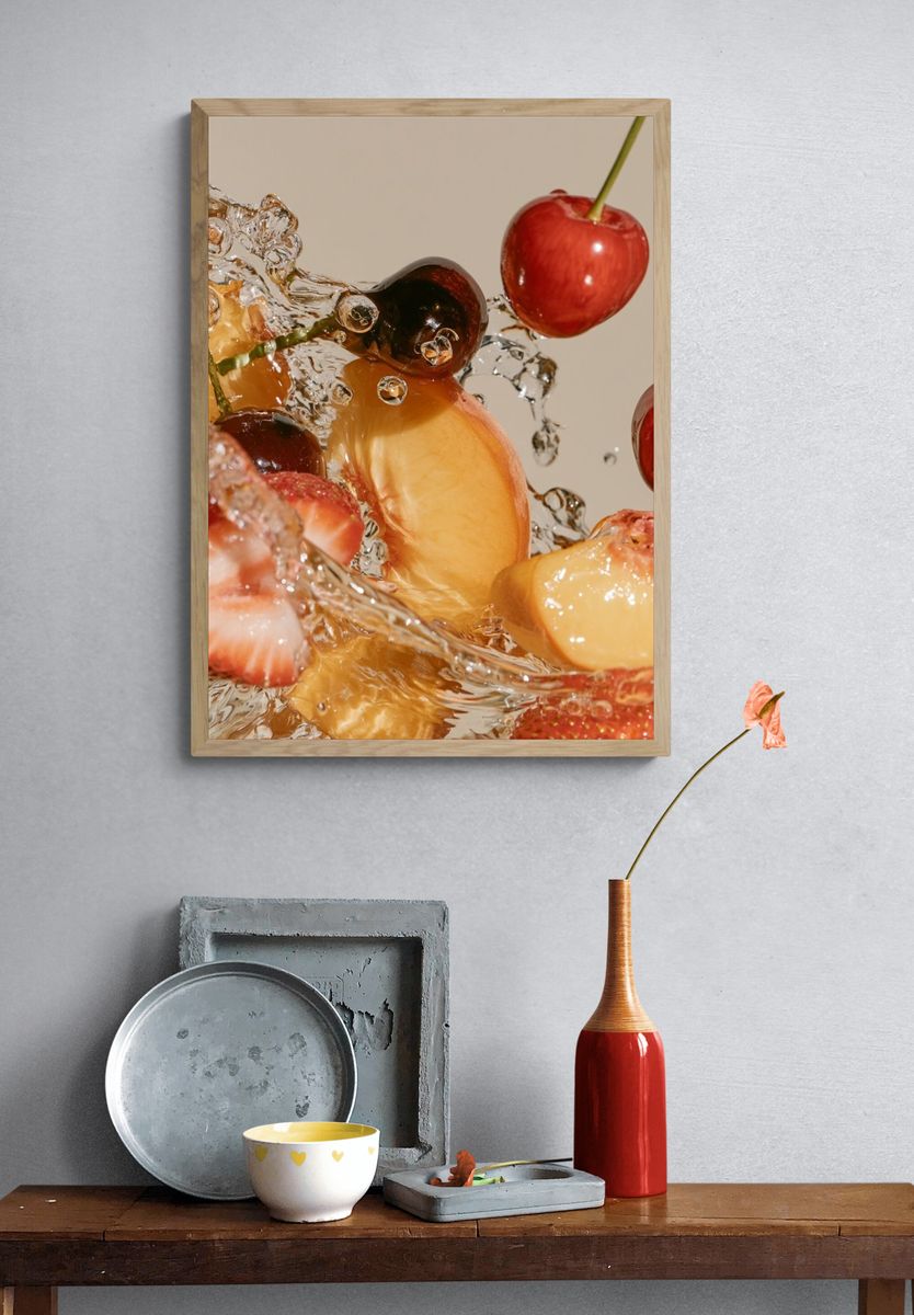 Floating Fruit Splash Photography Poster. — room view 3
