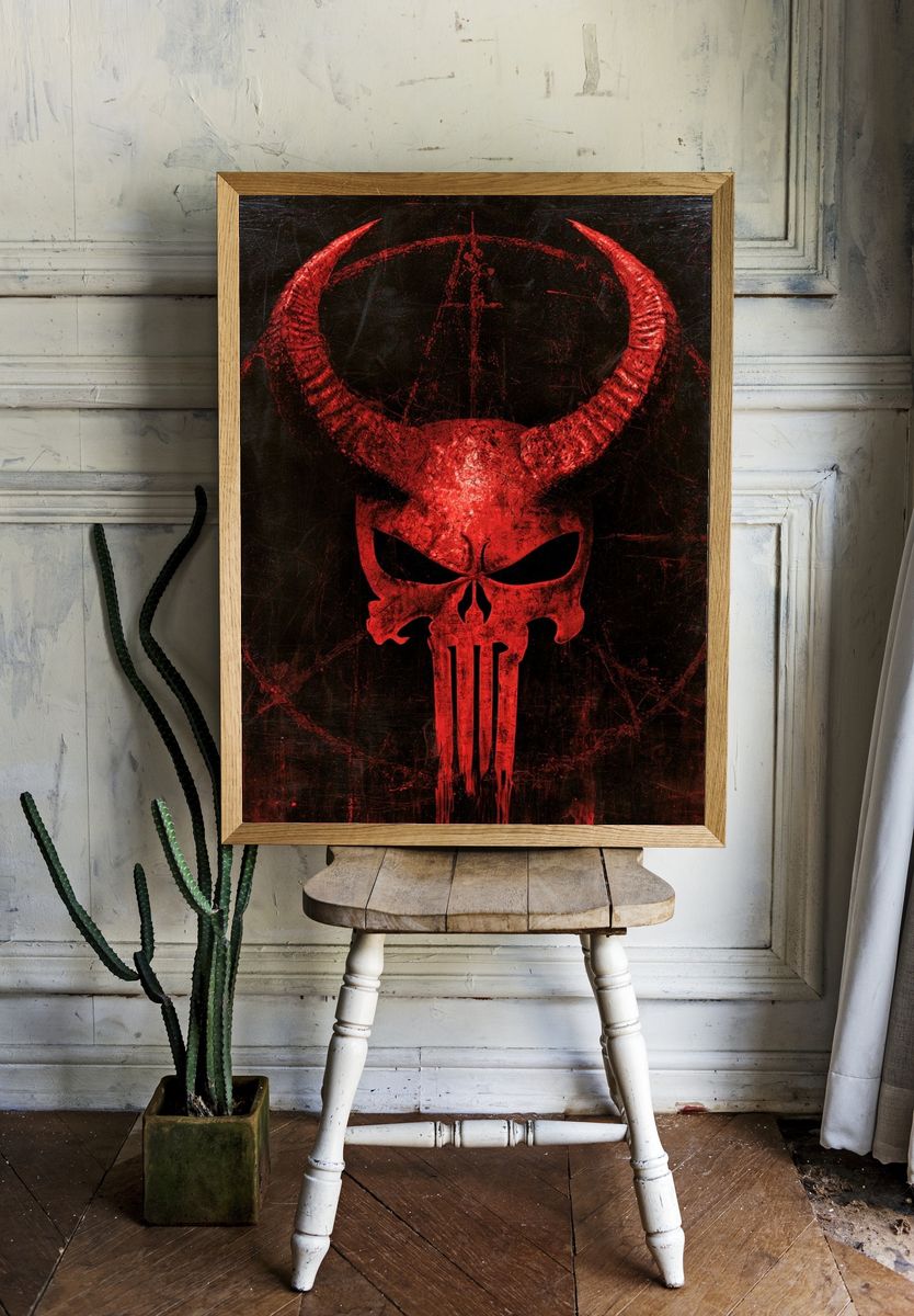 Red Horned Skull Horror Print. room preview