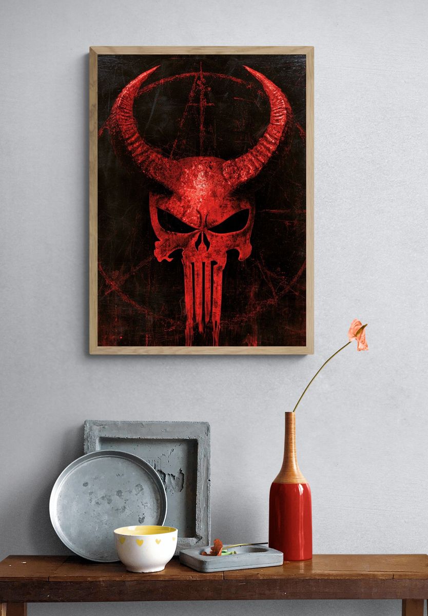 Red Horned Skull Horror Print. — room view 3
