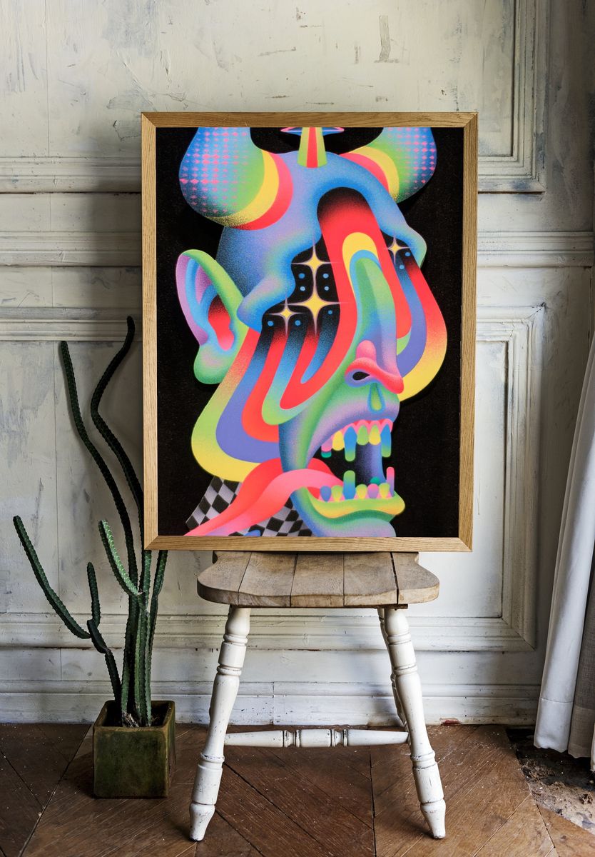 Neon Surreal Skull Print. room preview