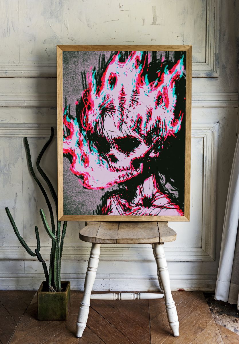 Neon Skull Expressionist Print. room preview