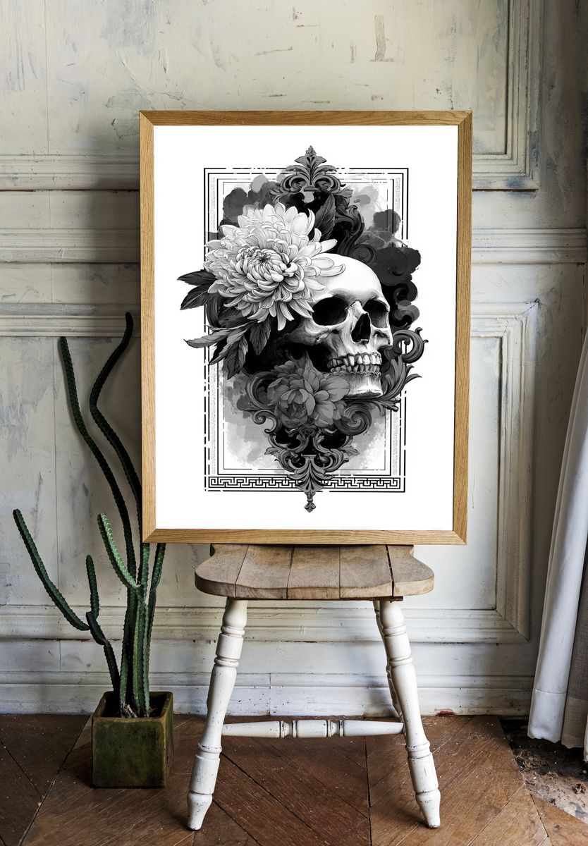 Floral Skull Gothic Print. room preview