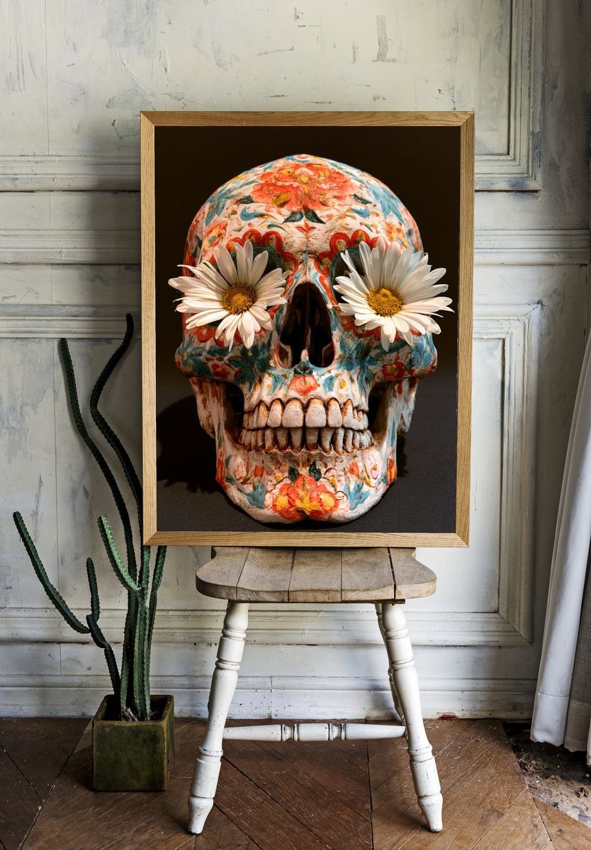 Floral Sugar Skull Illustration Poster. room preview