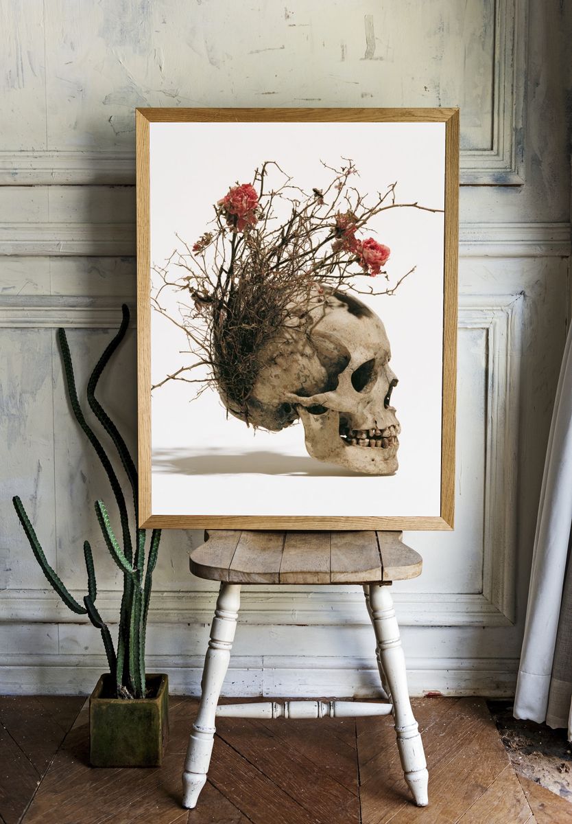Floral Skull Surrealism Print. room preview