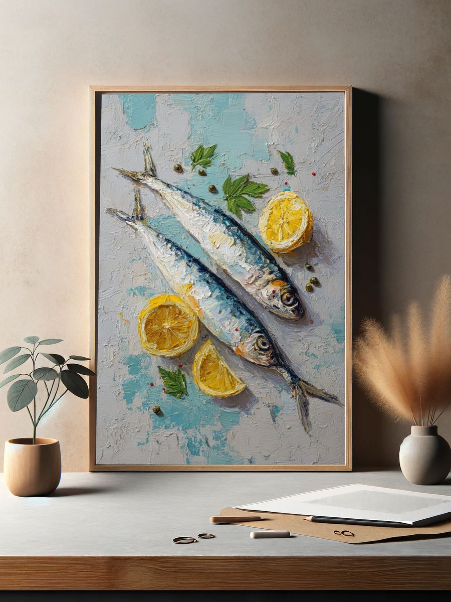 Fresh Sardines with Lemon — Food Art Print. — room view 2