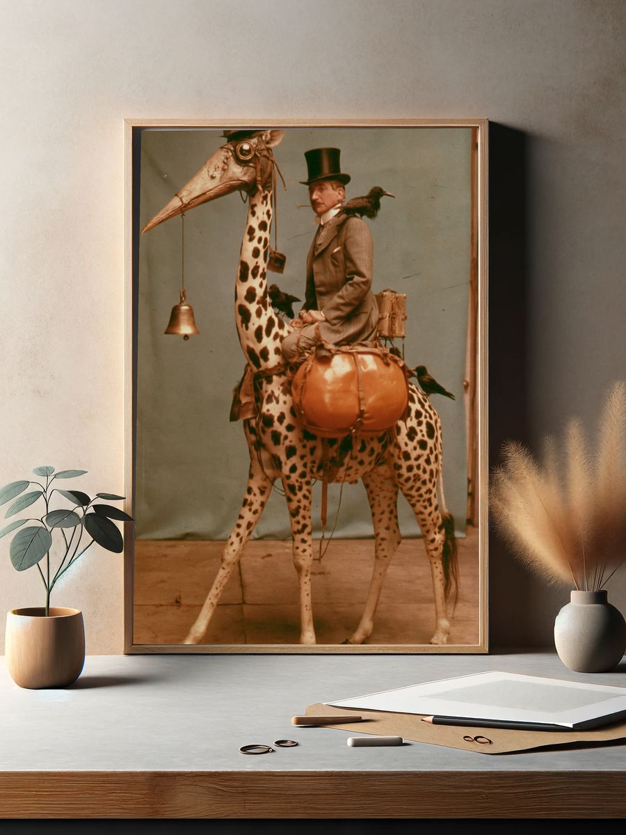 Surreal Gentleman on Spotted Bird Poster. — room view 2