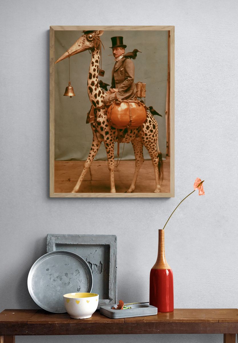 Surreal Gentleman on Spotted Bird Poster. — room view 3