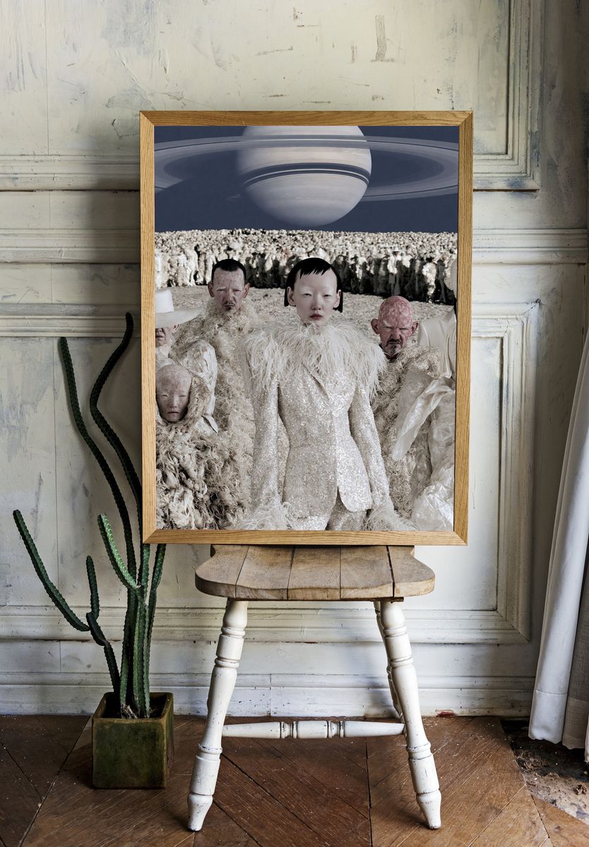 Surreal Saturn Crowd Illustration Print. room preview