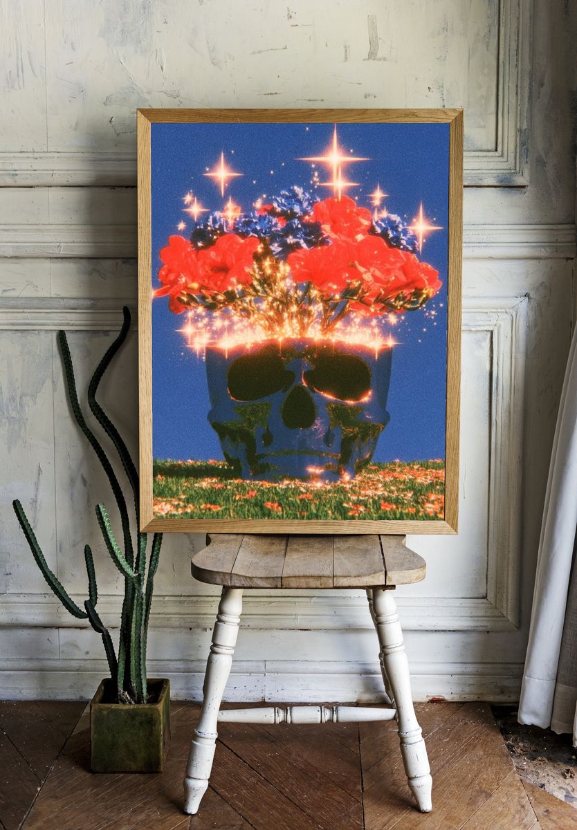 Skull Flower Bloom Surrealism Poster. room preview