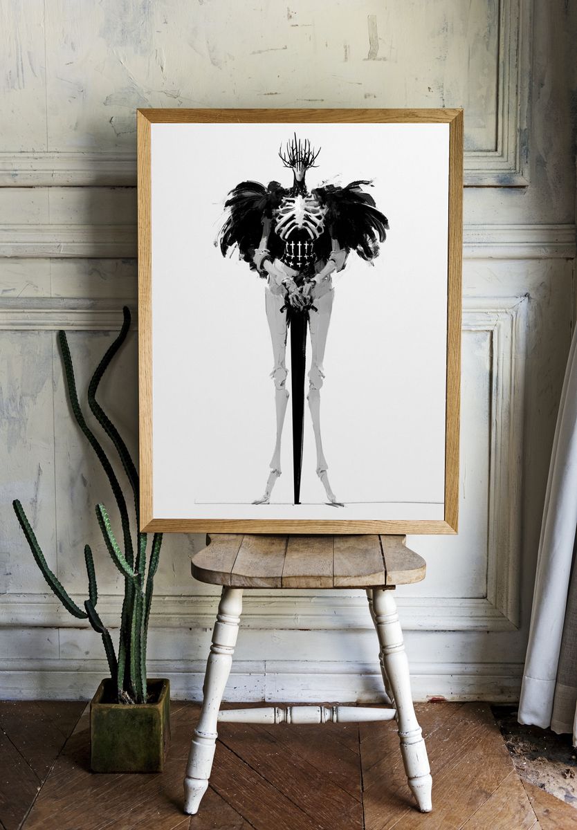 Monochrome Surreal Figure Print. room preview