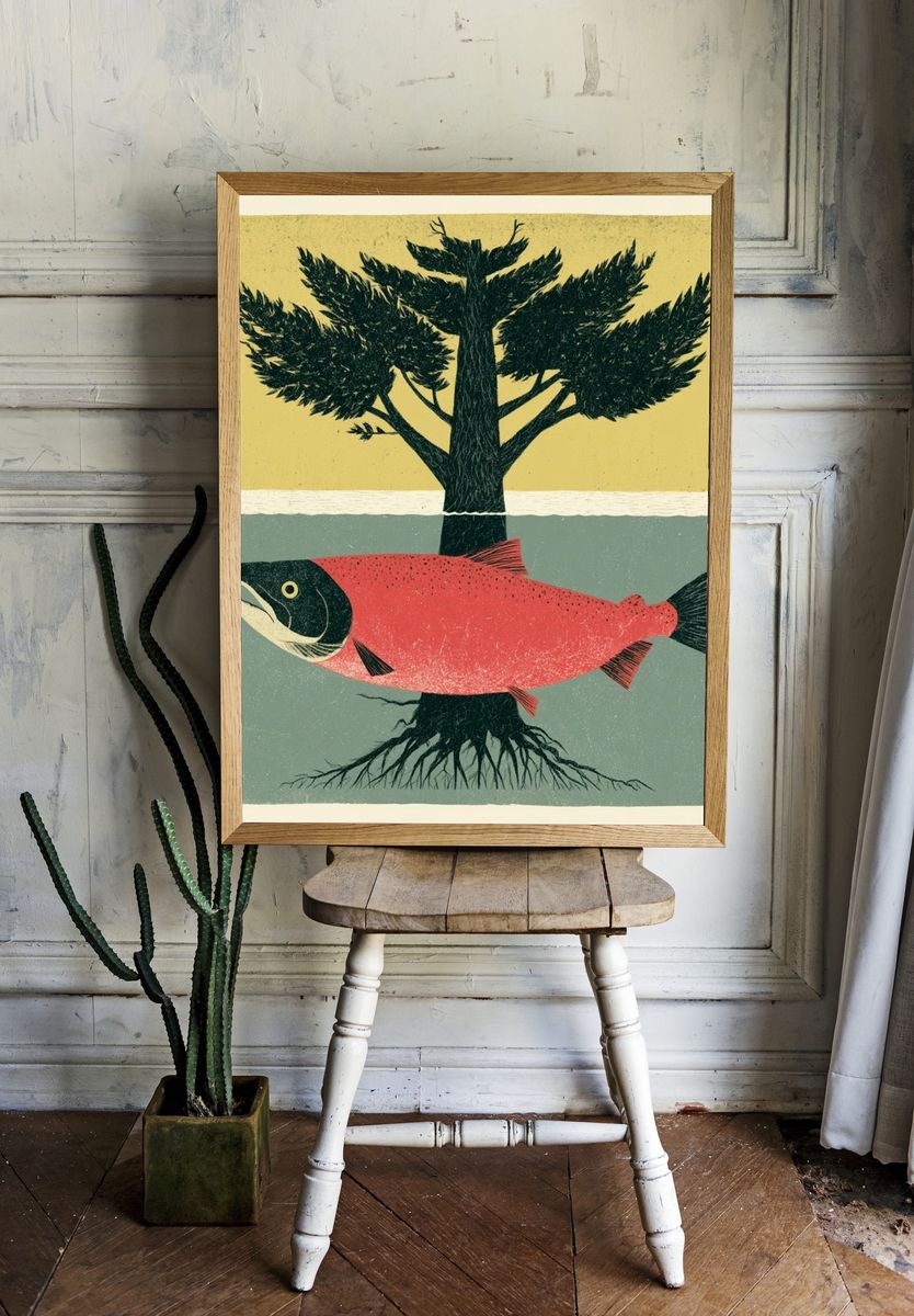 Salmon and Tree Surreal Print. — room view 1