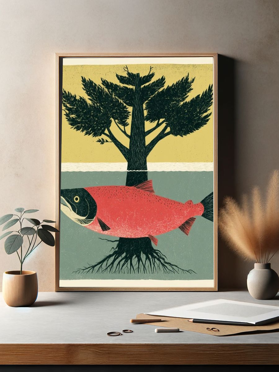 Salmon and Tree Surreal Print. — room view 2