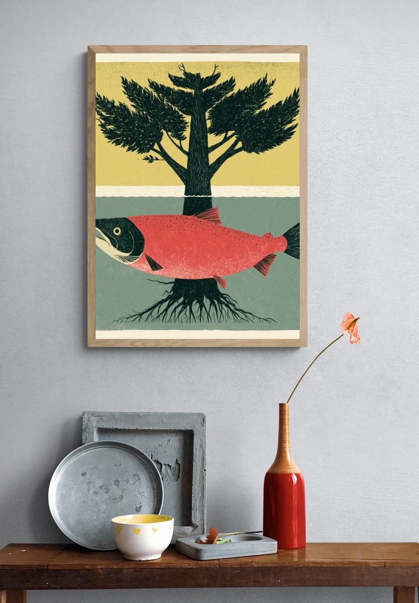 Salmon and Tree Surreal Print. — room view 3