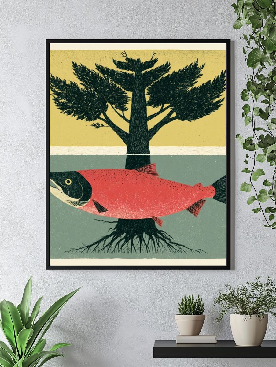 Salmon and Tree Surreal Print. — room view 4