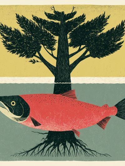 Salmon and Tree Surreal Print.
