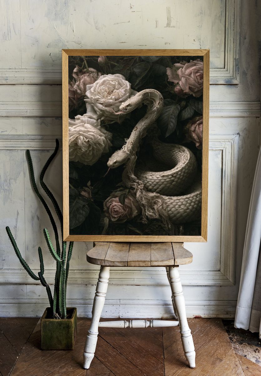 Serpent and Roses Surrealism Print. room preview