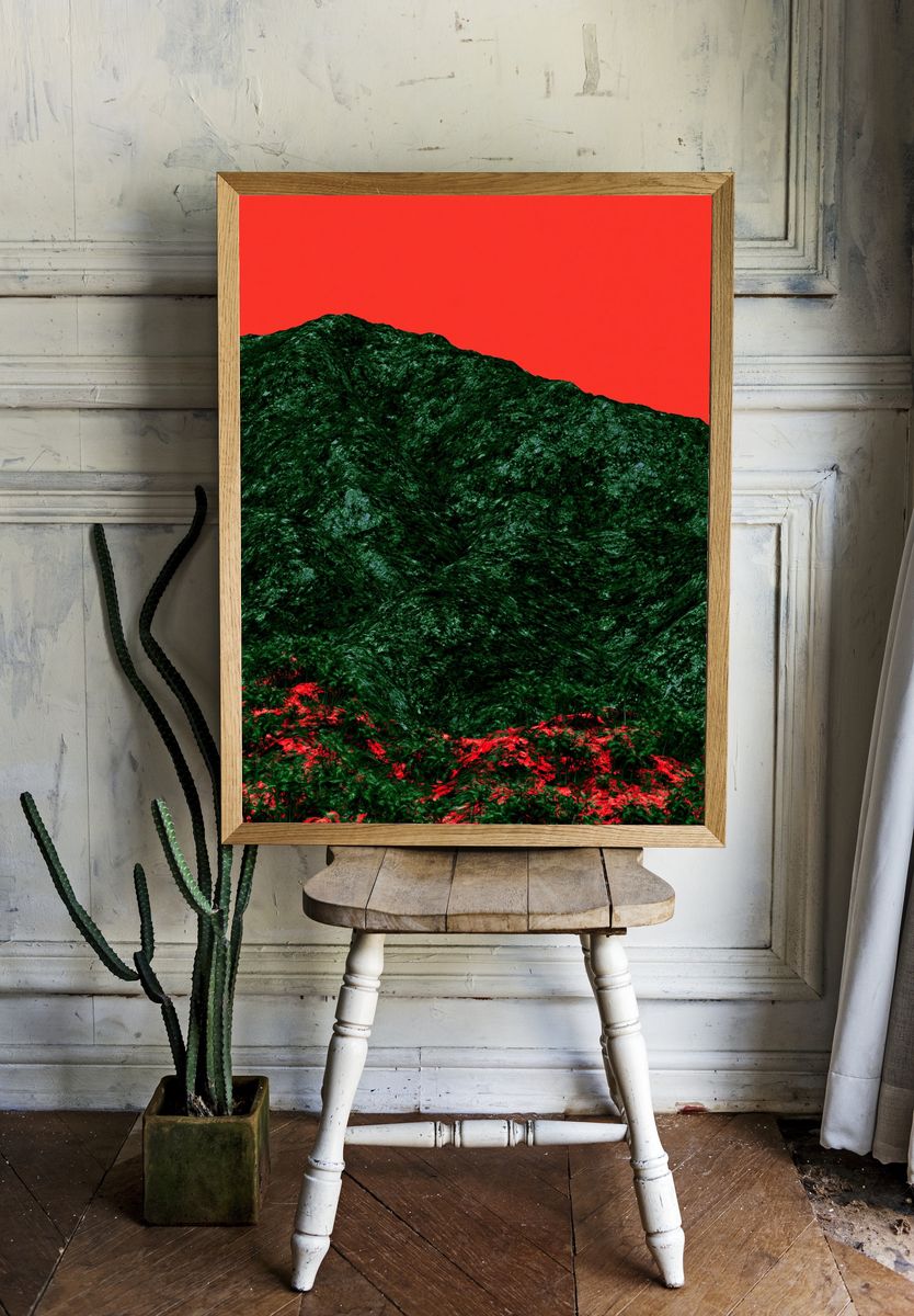 Surreal Red Sky Mountain Print. room preview
