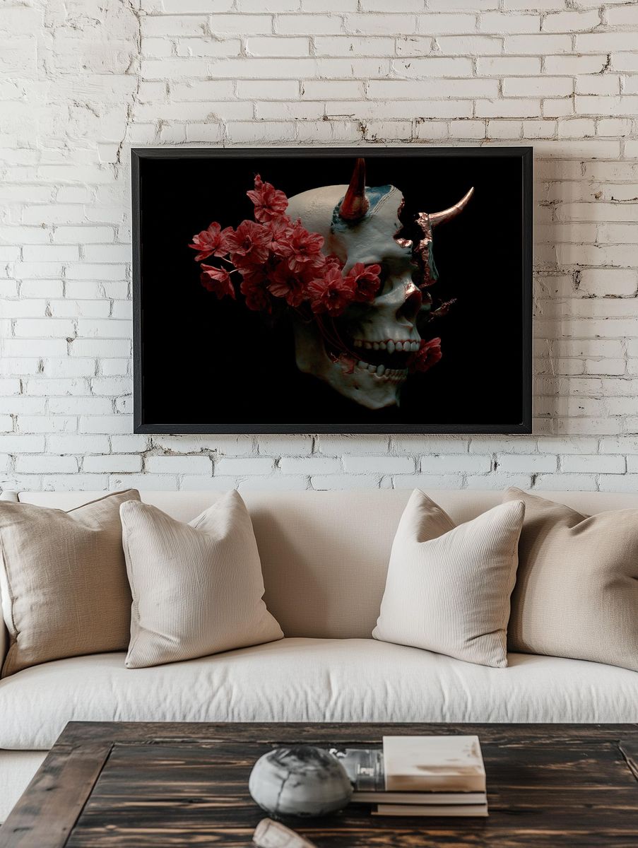 Horned Skull Floral Surrealism Poster. room preview
