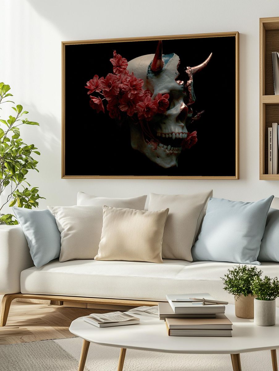 Horned Skull Floral Surrealism Poster. — room view 2