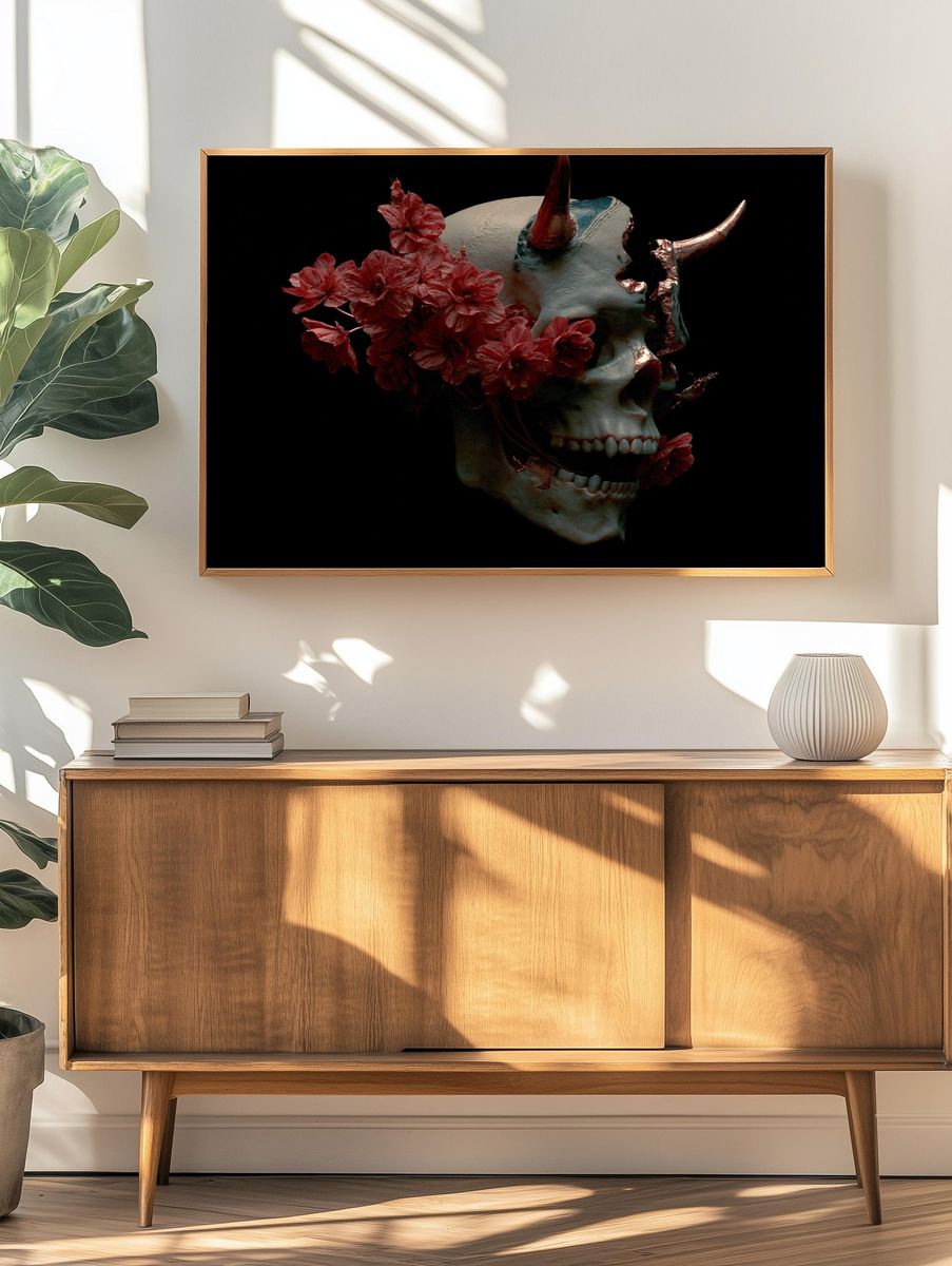 Horned Skull Floral Surrealism Poster. — room view 3