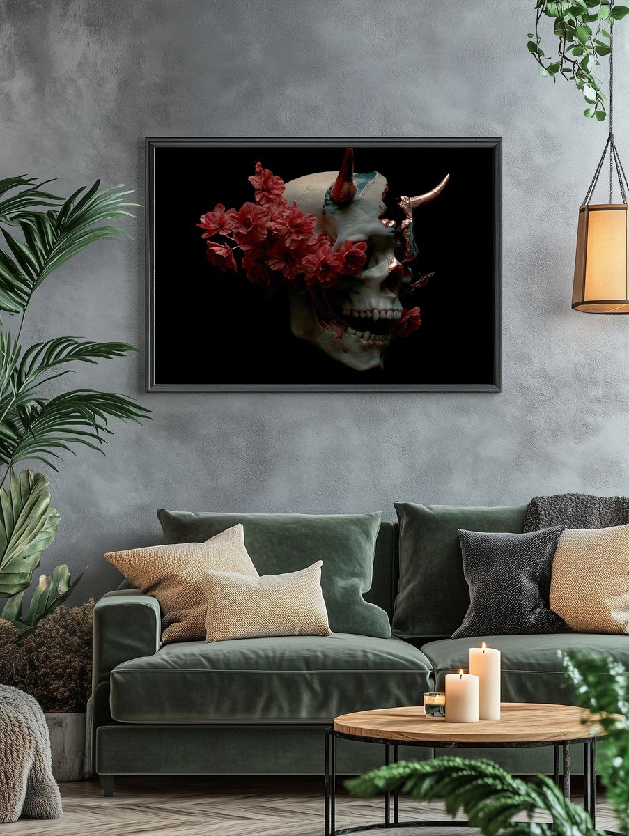 Horned Skull Floral Surrealism Poster. — room view 4