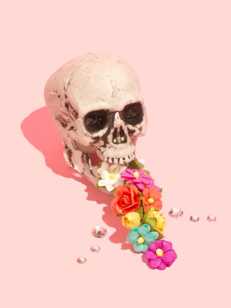 Skull vomiting colorful flowers. poster detail